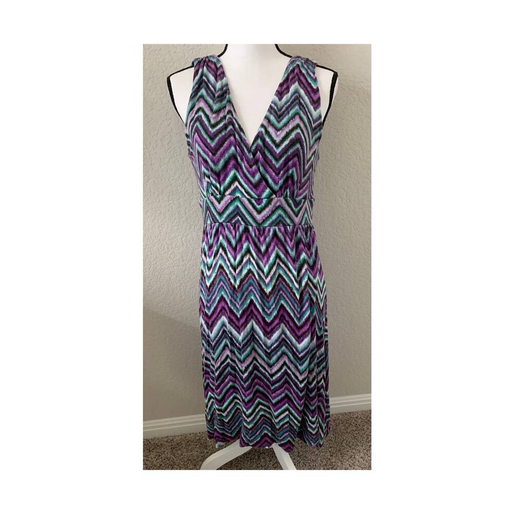 AB STUDIO MIDI DRESS, WOMENS, L, SLEEVELESS, MULTICOLORED, PLUNGING NECKLINE